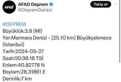 AFAD: Büyükçekmece’nin 25.10 kilometre açığında, Marmara Denizi’nde saat 00.38’de 3,8 büyüklüğünde deprem meydana geldi