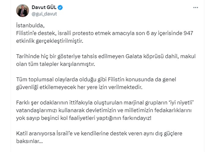 istanbul valisi gulden protesto aciklamasi katil araniyorsa israile ve kendilerine destek veren ayni dis dB3El3zY